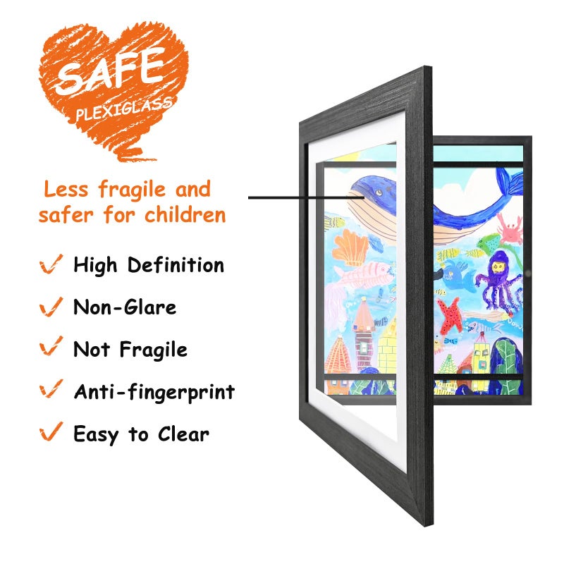 KINLINK 9x12 Kids Art Frames Set of 2  Solid Wood Kids Artwork Frames Changeable with Acrylic Front Opening Holds 150 Pictures  Art Frames for Kids Artwork with Mat or without Mat  Black - Image 3