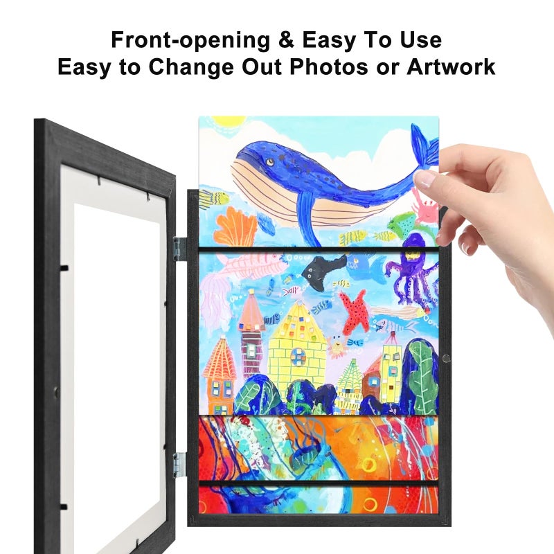 KINLINK 9x12 Kids Art Frames Set of 2  Solid Wood Kids Artwork Frames Changeable with Acrylic Front Opening Holds 150 Pictures  Art Frames for Kids Artwork with Mat or without Mat  Black - Image 4