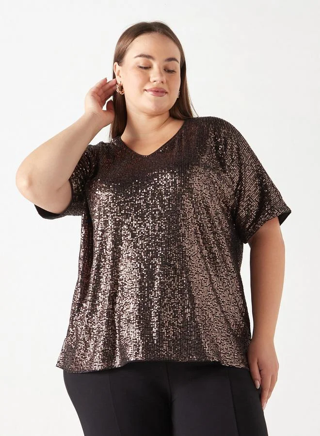 Ulla Popken Plus Size Ulla Popken Embellished V-Neck Top