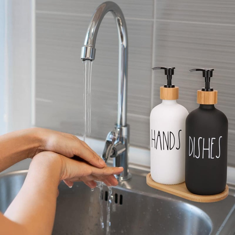 MeRaYo Soap Dispenser for Kitchen Handwash Dispenser Dish Wash Dispenser Liquid Soap Dispenser for Kitchen Sink Dishwash and Hand Wash Liquid Dispensers Pump with Bamboo Tray Glass 17 Ounces - Image 3