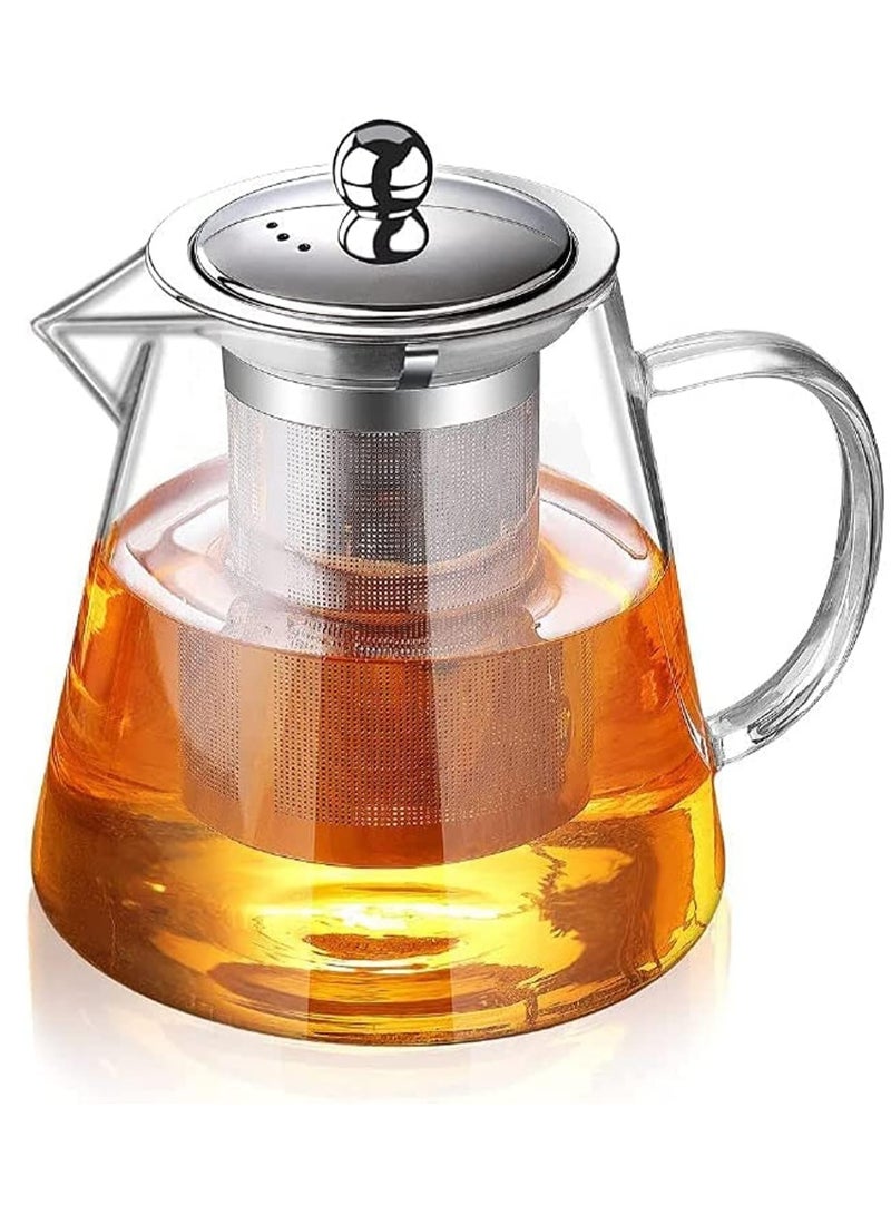 Glass Teapot Stainless Steel Strainer Teapot Heat Resistant Teapot with Removable Infuser and Handle (Round 1300ml) - Image 1