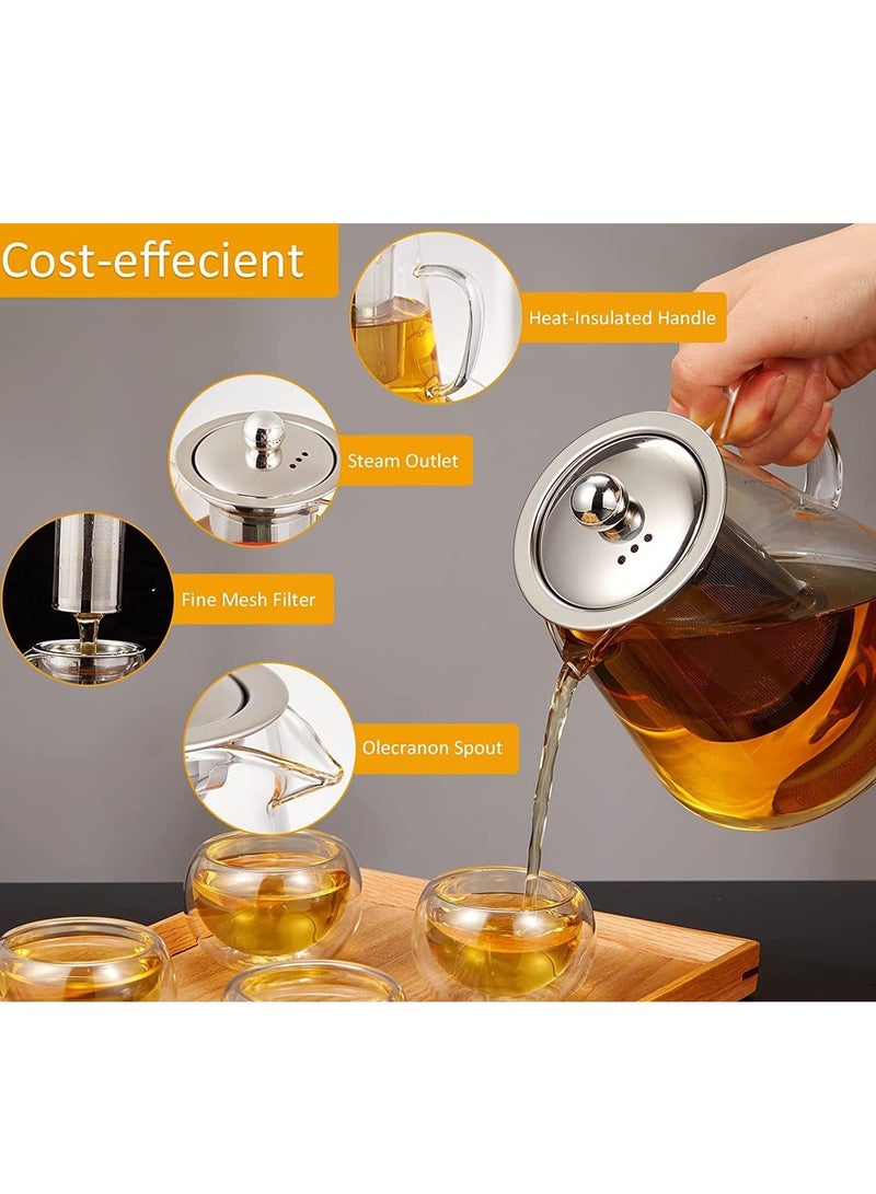 Glass Teapot Stainless Steel Strainer Teapot Heat Resistant Teapot with Removable Infuser and Handle (Round 1300ml) - Image 2