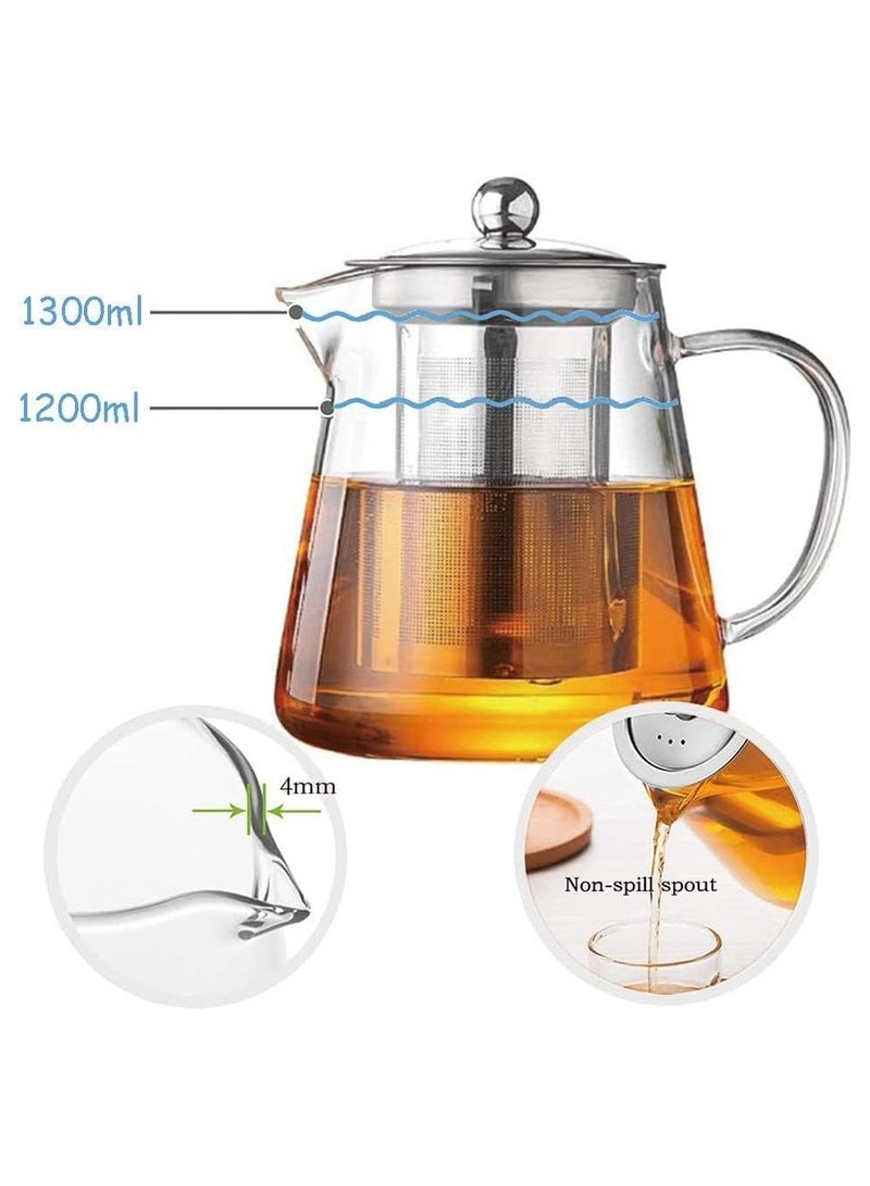 Glass Teapot Stainless Steel Strainer Teapot Heat Resistant Teapot with Removable Infuser and Handle (Round 1300ml) - Image 3