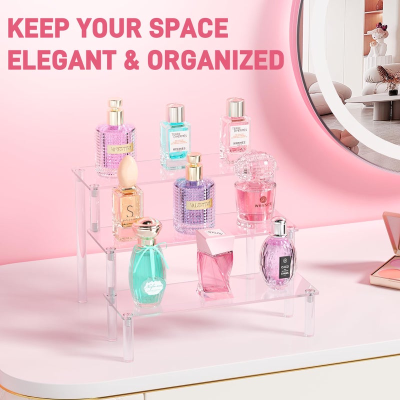 FUNFERY 2 Packs Acrylic Display Stand Riser,3 Tier Perfume Organizer Cupcake Stand Acrylic Pop Shelves Holder,Clear Desk Display Shelf for Figure,Trinket,Collectibles,Dessert Tray Stands for Party Decor-7.9in - Image 3