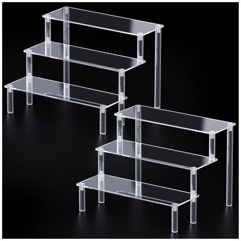 FUNFERY 2 Packs Acrylic Display Stand Riser,3 Tier Perfume Organizer Cupcake Stand Acrylic Pop Shelves Holder,Clear Desk Display Shelf for Figure,Trinket,Collectibles,Dessert Tray Stands for Party Decor-7.9in - Image 1