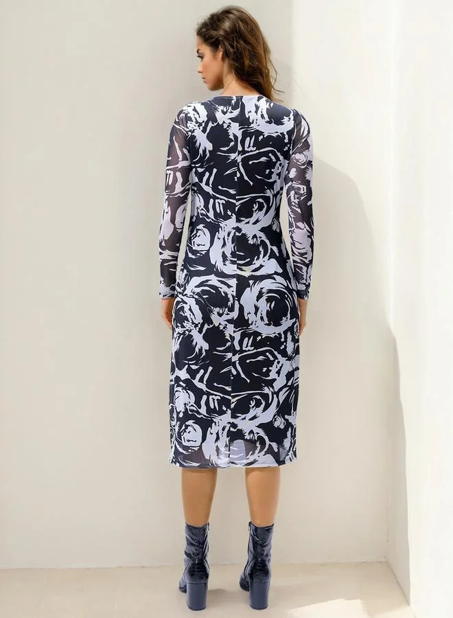 Freehand  Black Floral Print Bodycon Midi Dress for Women | Best Price UAE