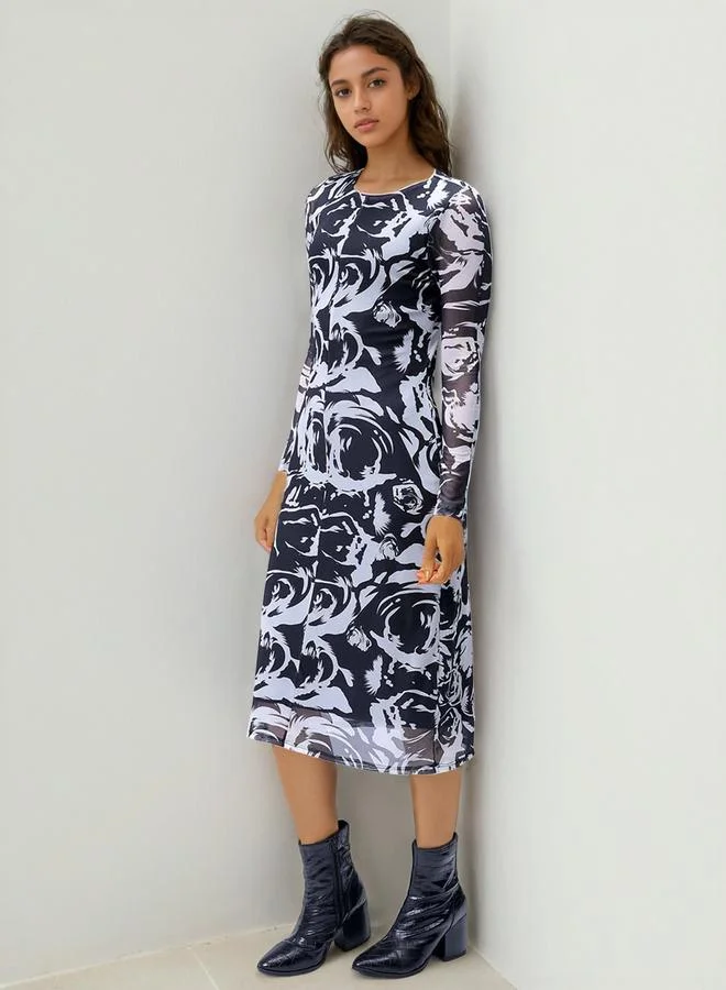 Black Floral Print Bodycon Midi Dress