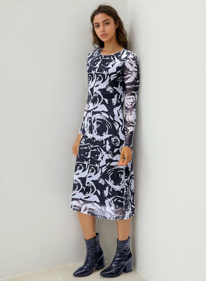Freehand Black Floral Print Bodycon Midi Dress - Image 1