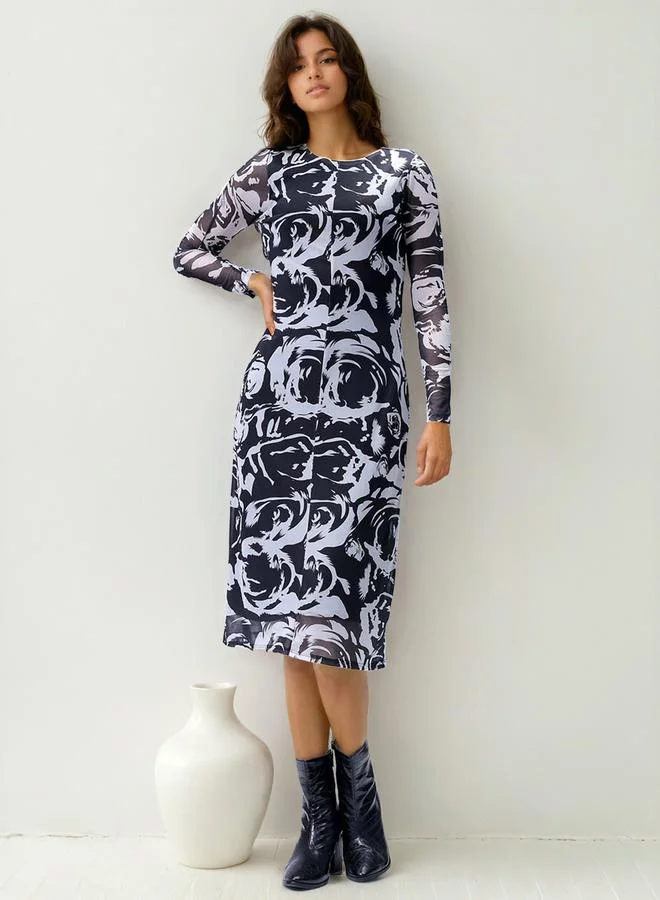Freehand  Black Floral Print Bodycon Midi Dress for Women | Best Price UAE