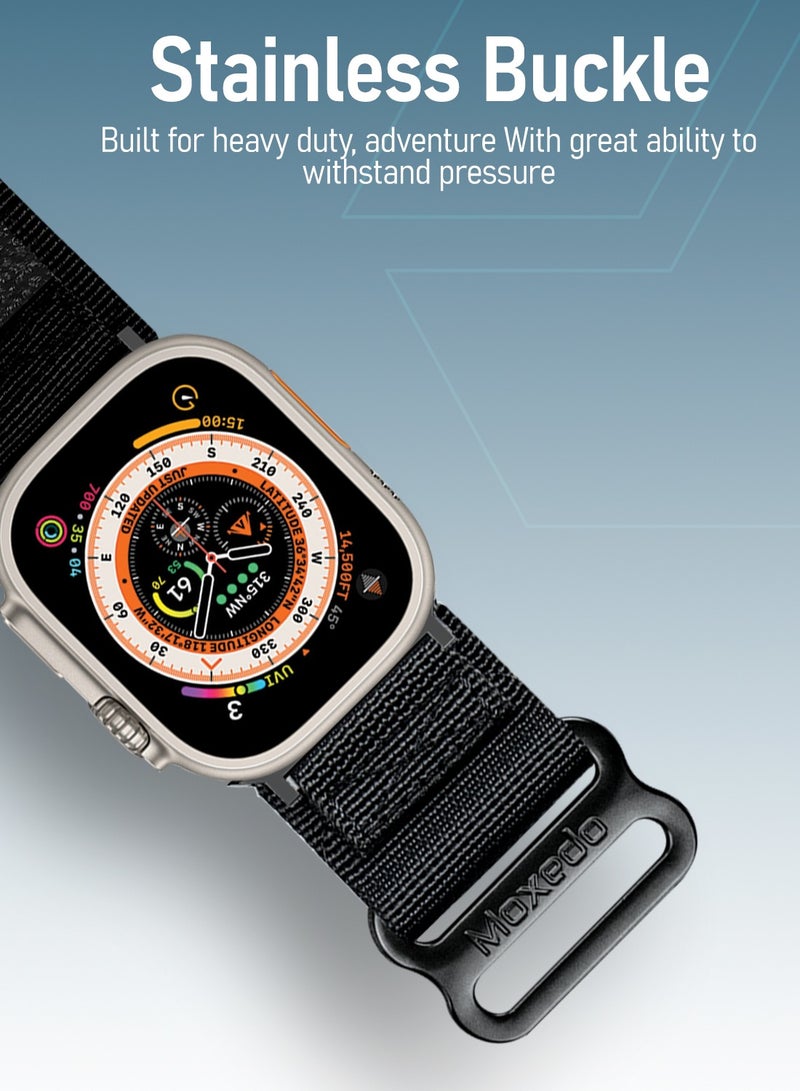 Moxedo MX23 Rugged Strap Breathable Nylon Braided Sports Band Compatible with Apple Watch Band Series 8 7 6 5 4 3 2 1 SE Ultra Woven Loop Design for 44mm 45mm 49mm UAE Edition - Black - Image 2