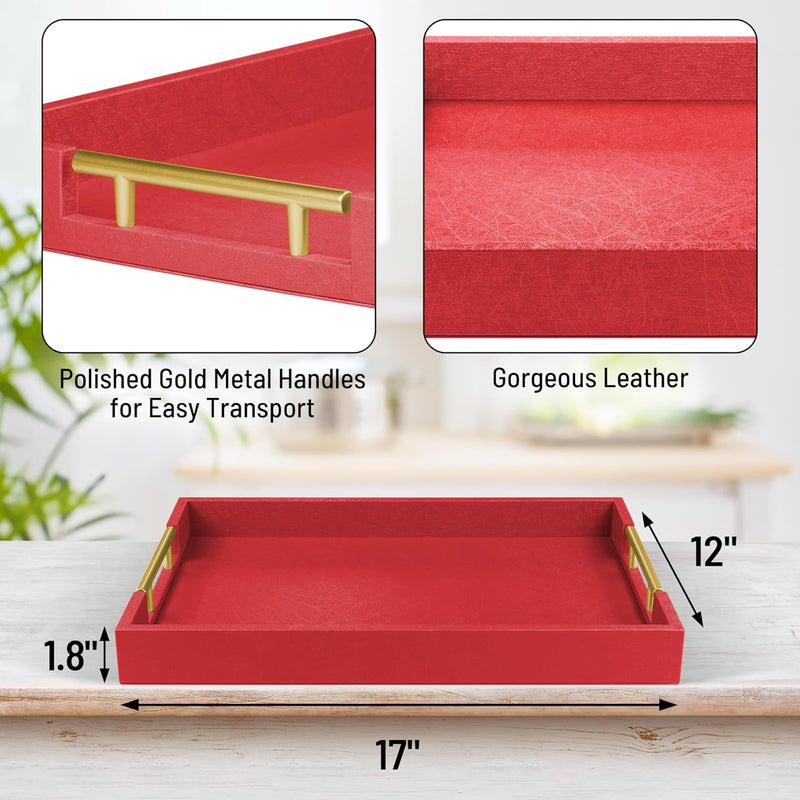 ATZYmolin 17" x 12" Wood Serving Tray with Gold Polished Metal Handles, Home Decorative Wooden Rectangle Ottoman Leather Decor Platter Bathroom Vanity Tray for All Occasions Red - Image 2