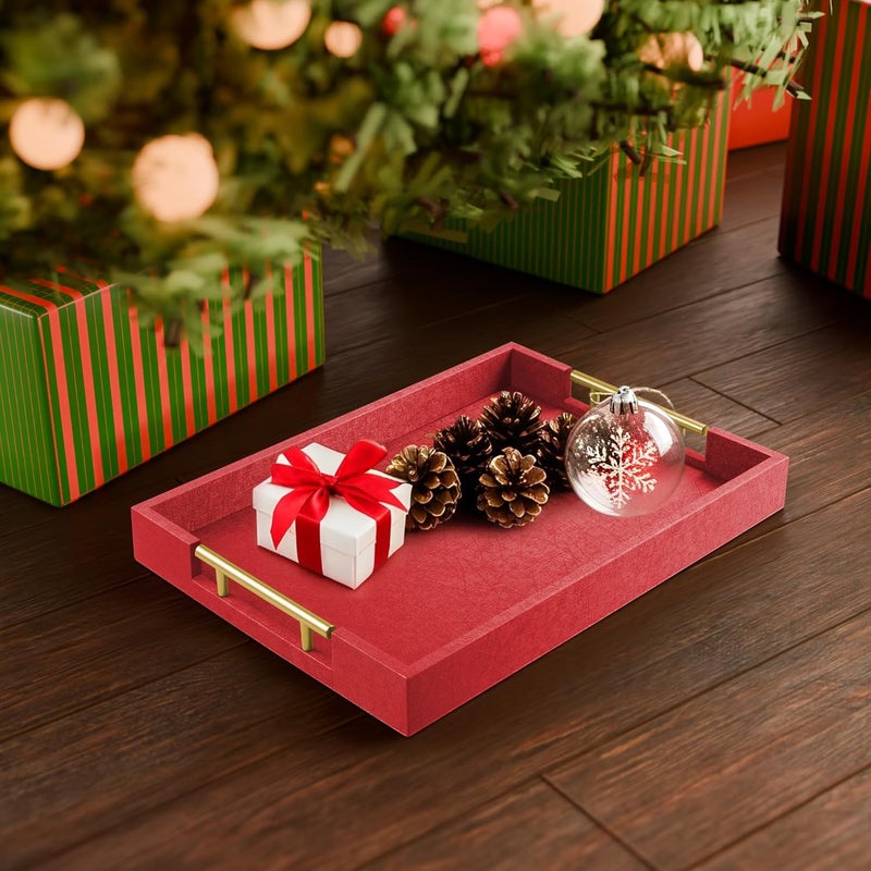 ATZYmolin 17" x 12" Wood Serving Tray with Gold Polished Metal Handles, Home Decorative Wooden Rectangle Ottoman Leather Decor Platter Bathroom Vanity Tray for All Occasions Red - Image 3