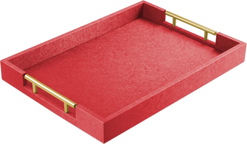 ATZYmolin 17" x 12" Wood Serving Tray with Gold Polished Metal Handles, Home Decorative Wooden Rectangle Ottoman Leather Decor Platter Bathroom Vanity Tray for All Occasions Red - Image 1