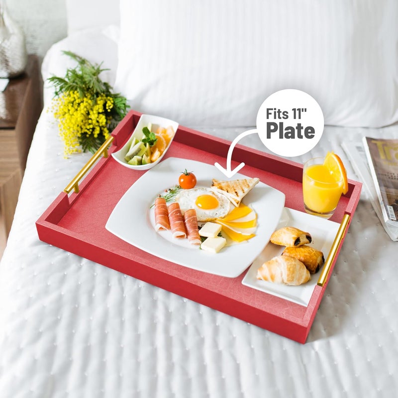 ATZYmolin 17" x 12" Wood Serving Tray with Gold Polished Metal Handles, Home Decorative Wooden Rectangle Ottoman Leather Decor Platter Bathroom Vanity Tray for All Occasions Red - Image 4