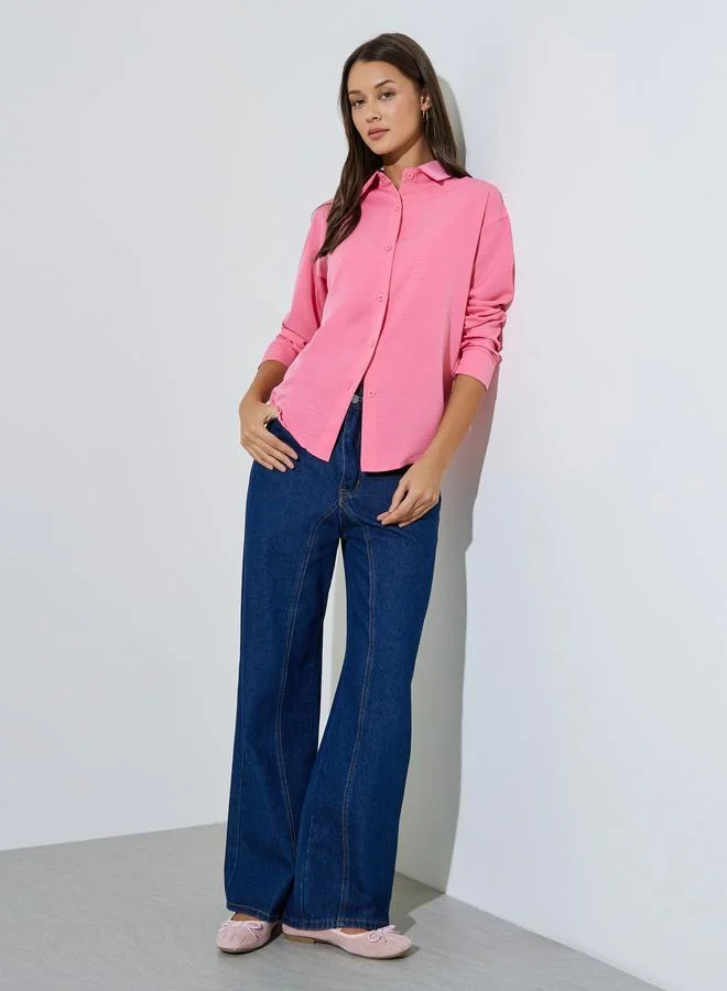 ستايلي Pink Plain Long Sleeves Oversized Shirt