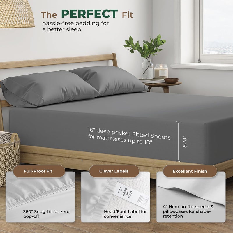 THREAD SPREAD 100% Organic Cotton Sheets King Size - 4 PC Organic Cotton King Percale Weave Sheet Set, Soft, Cooling, Crisp & Breathable, 16" Deep Pocket Hotel Quality Bedding Set - Dark Grey - Image 4