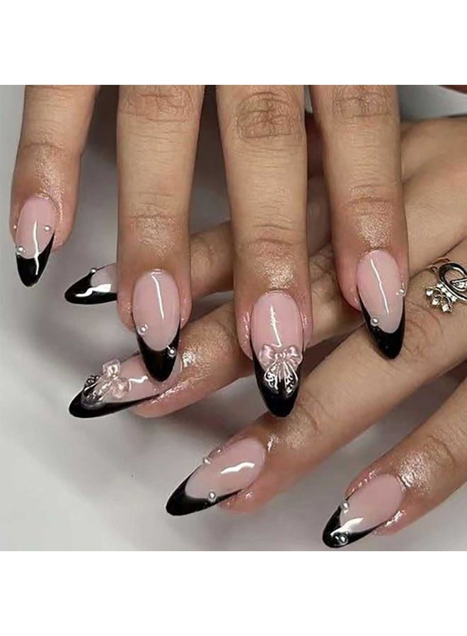 Foccna Press on Nails Medium Pearl Black Fake Nails Almond Glossy 3D False Nail Tips French Artificial Nails Finger Manicure for Women and Girls,24pcs - Image 1