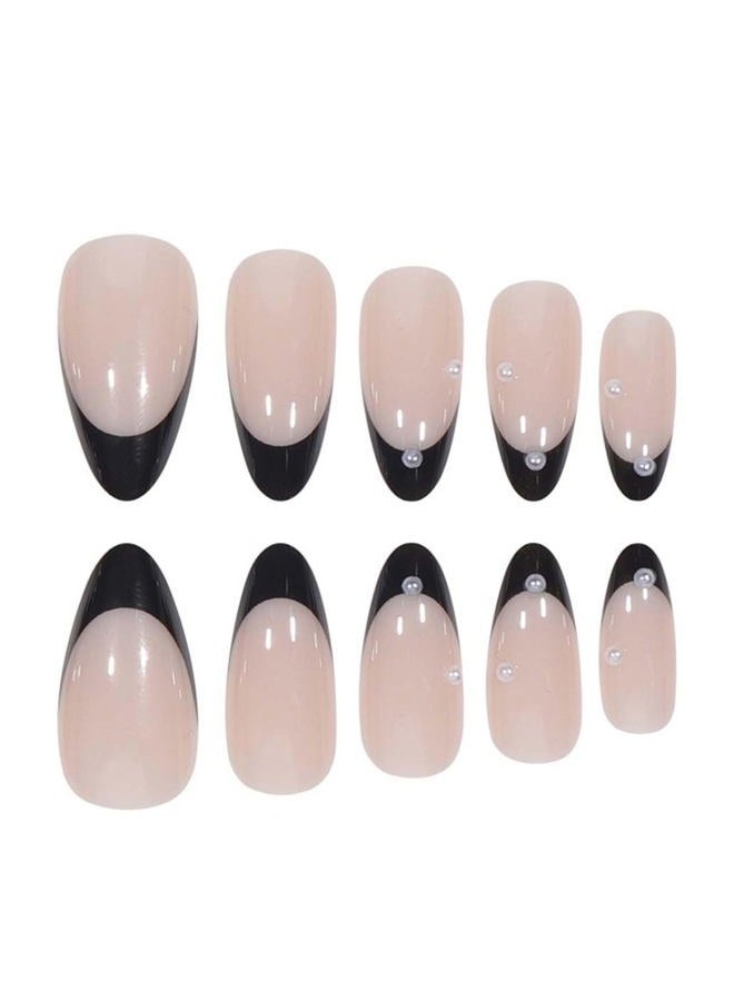 Foccna Press on Nails Medium Pearl Black Fake Nails Almond Glossy 3D False Nail Tips French Artificial Nails Finger Manicure for Women and Girls,24pcs - Image 3