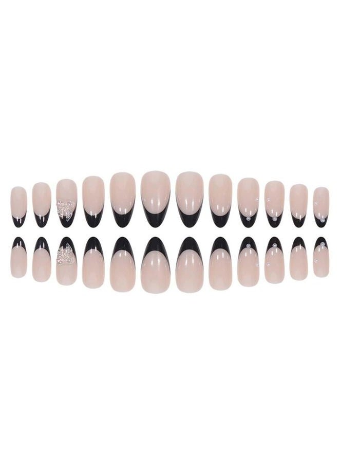 Foccna Press on Nails Medium Pearl Black Fake Nails Almond Glossy 3D False Nail Tips French Artificial Nails Finger Manicure for Women and Girls,24pcs - Image 2