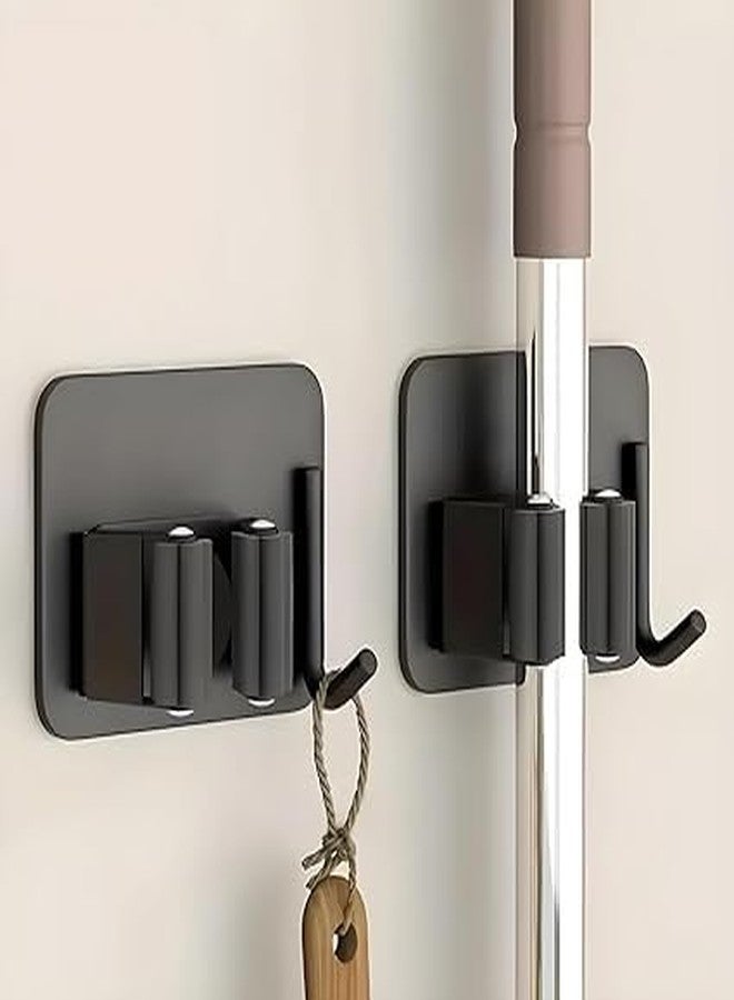 SANTALON Mop Broom Holder No Drill SUS304 Stainless Steel | Heavy Duty Wall Mounted Organizer Rack with Hooks | Storage Holder for Mop, Broom, Bathroom, Kitchen, Office, Balcony (Black, 1 Unit) - Image 1