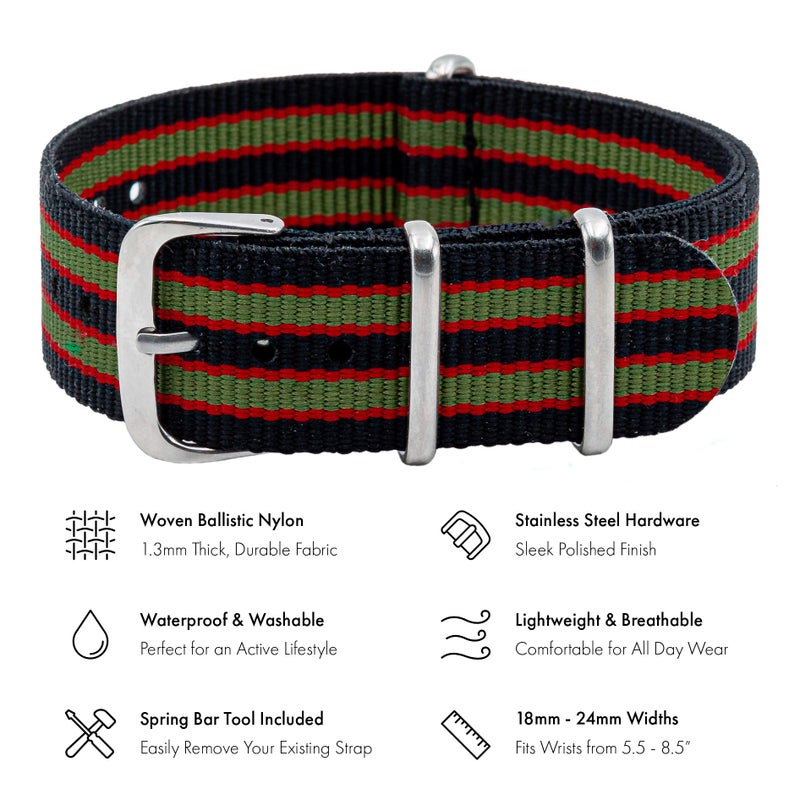 Benchmark Basics Nylon Watch Band - Waterproof Ballistic Nylon One-Piece Military Watch Straps for Men & Women (20mm, Black/Red/Green Striped) - Image 2