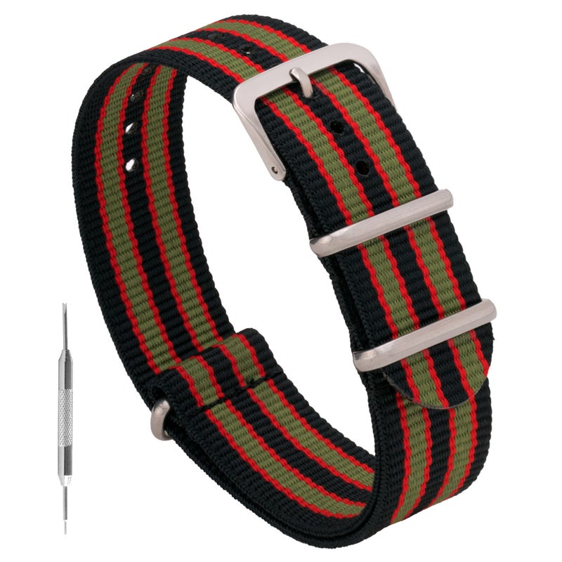 Benchmark Basics Nylon Watch Band - Waterproof Ballistic Nylon One-Piece Military Watch Straps for Men & Women (20mm, Black/Red/Green Striped) - Image 1