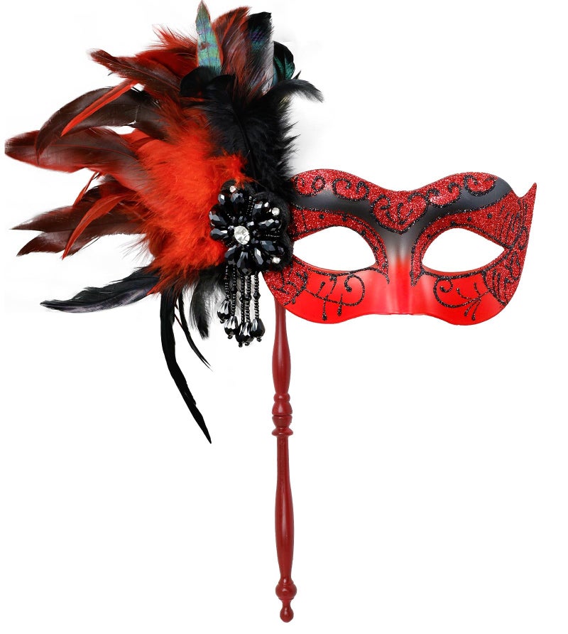 MYSEUNI 2025 New Red Masquerade Mask for Women with Holding Stick - Shiny Women's Feather Red Mardi Gras Mask for Halloween Parties, Carnival, Cosplay Prom, Christmas, Wedding, Bar, Costume Accessory - Image 1