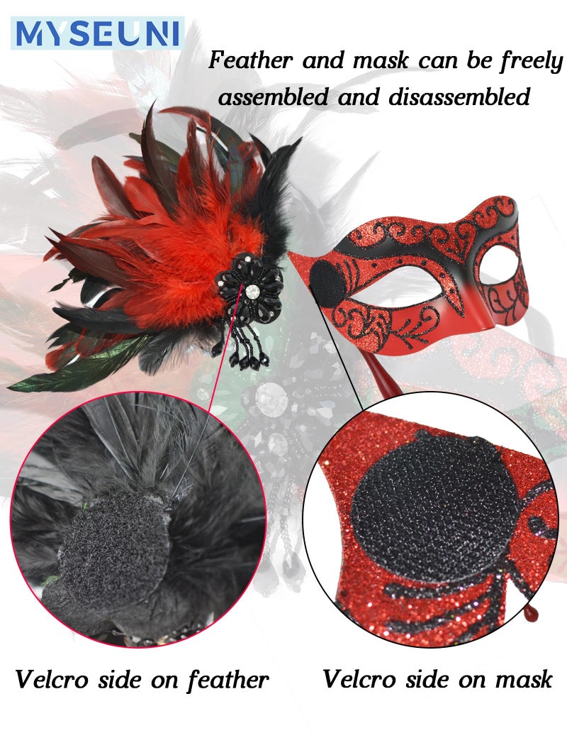 MYSEUNI 2025 New Red Masquerade Mask for Women with Holding Stick - Shiny Women's Feather Red Mardi Gras Mask for Halloween Parties, Carnival, Cosplay Prom, Christmas, Wedding, Bar, Costume Accessory - Image 3