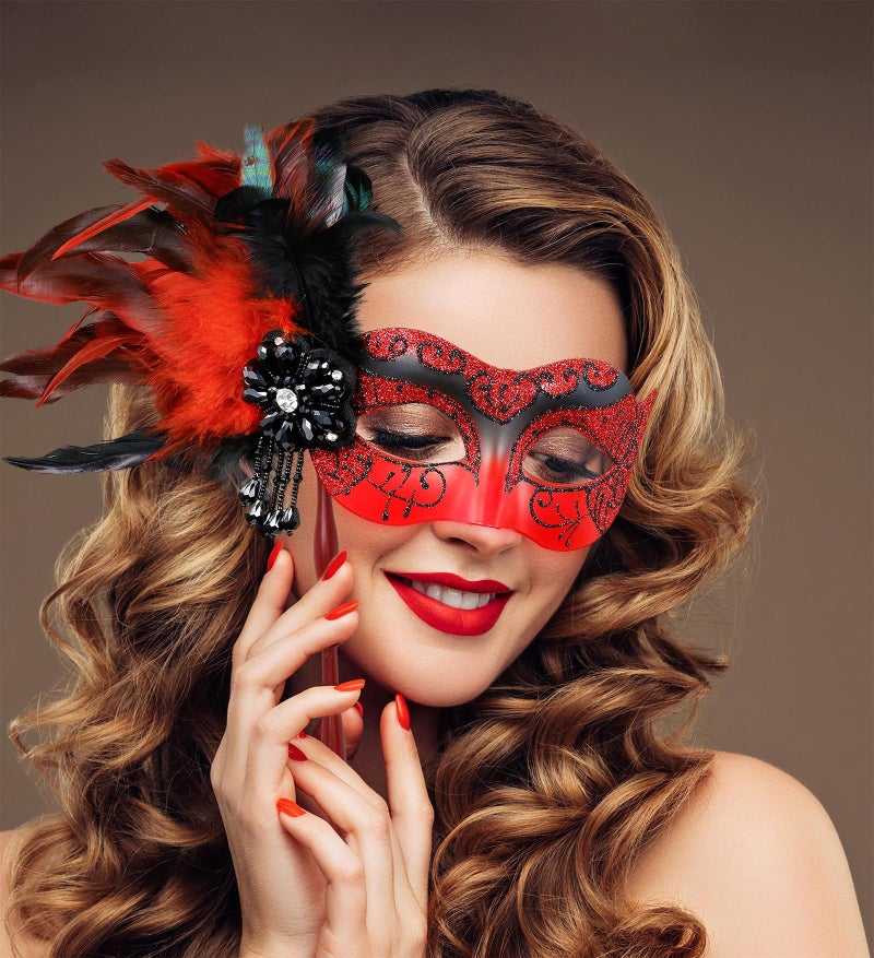 MYSEUNI 2025 New Red Masquerade Mask for Women with Holding Stick - Shiny Women's Feather Red Mardi Gras Mask for Halloween Parties, Carnival, Cosplay Prom, Christmas, Wedding, Bar, Costume Accessory - Image 5
