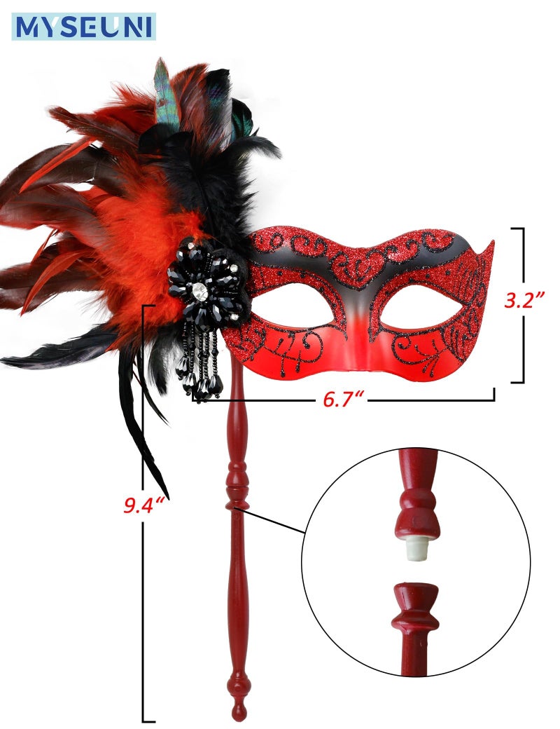MYSEUNI 2025 New Red Masquerade Mask for Women with Holding Stick - Shiny Women's Feather Red Mardi Gras Mask for Halloween Parties, Carnival, Cosplay Prom, Christmas, Wedding, Bar, Costume Accessory - Image 2