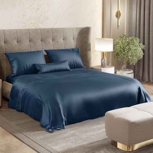 haus & kinder King Size Satin Bedsheet, 300 TC Premium Satin Bedsheets for Double Bed King Size (108 X 90 Inches) with 2 Pillow Covers, Blend of Luxury and Romance -Deep Ocean Blue - Image 1