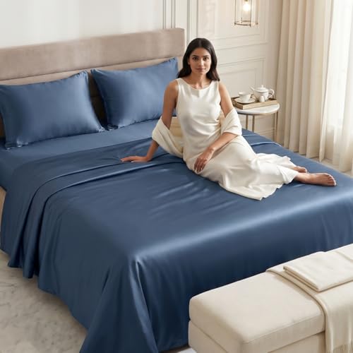 haus & kinder King Size Satin Bedsheet, 300 TC Premium Satin Bedsheets for Double Bed King Size (108 X 90 Inches) with 2 Pillow Covers, Blend of Luxury and Romance -Deep Ocean Blue - Image 4