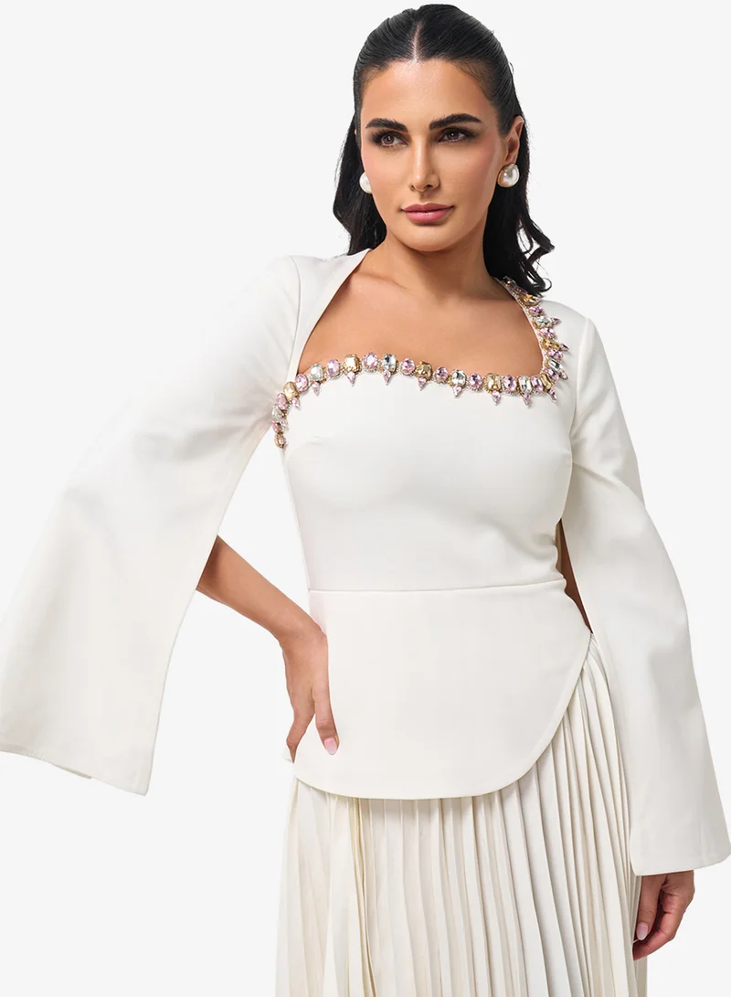 Threadz by Ajooni Square Neck Flared Sleeve Plisse Maxi Dress