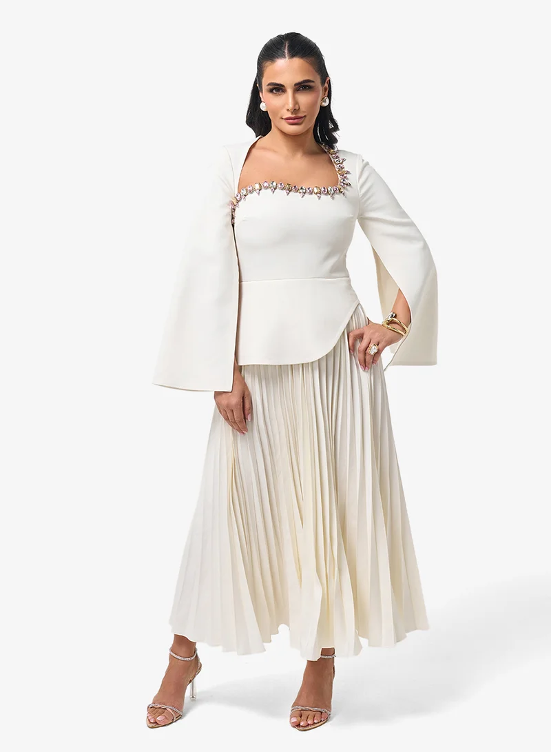 Threadz by Ajooni Square Neck Flared Sleeve Plisse Maxi Dress