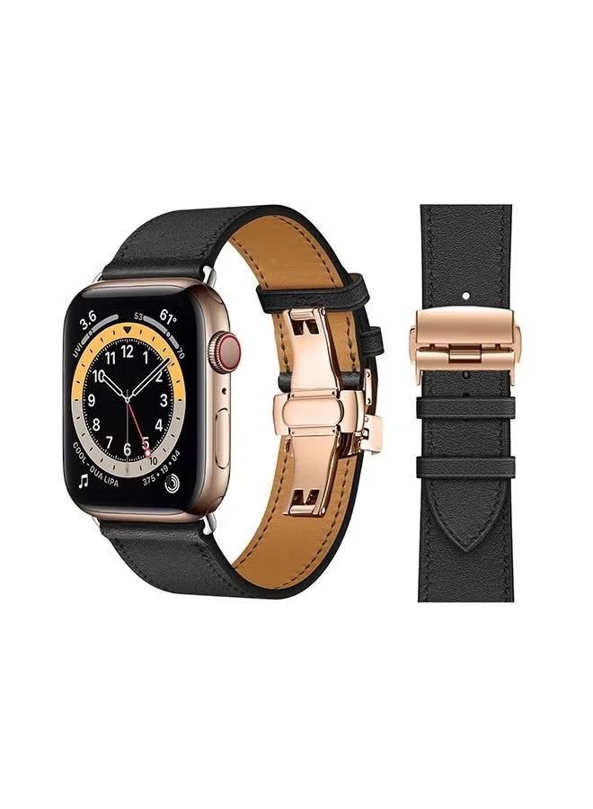 vesus Genuine Leather Replacement Band with Golden Buckle for Apple Watch Series 6/SE/5/4/3/2/1 44/42mm Black