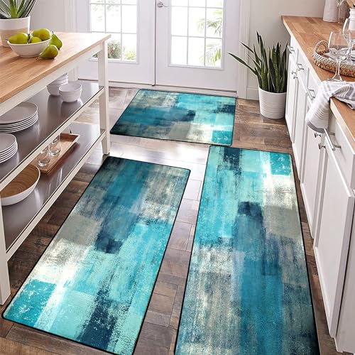 TOMWISH Kitchen Mat Turquoise Kitchen Rugs Sets 3PCS Grey Abstract Art 20X3220X4820X59Kitchen Mats for Floor Washable NonSlip Kitchen Floor Mats Decor Dining Room Office Sink Laundry - Image 1