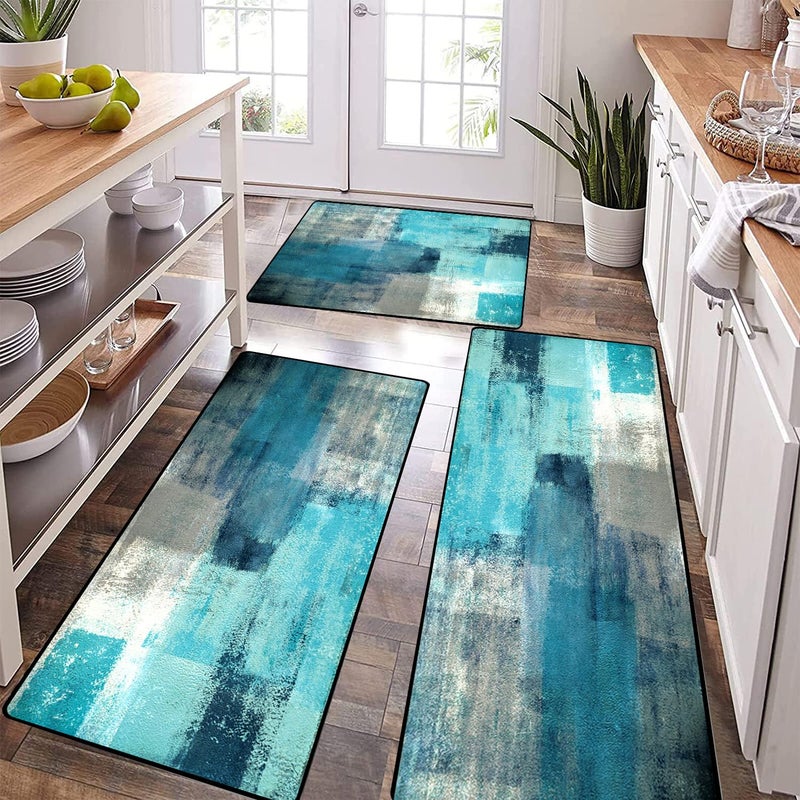 TOMWISH Kitchen Mat Turquoise Kitchen Rugs Sets 3PCS Grey Abstract Art 20X3220X4820X59Kitchen Mats for Floor Washable NonSlip Kitchen Floor Mats Decor Dining Room Office Sink Laundry - Image 2