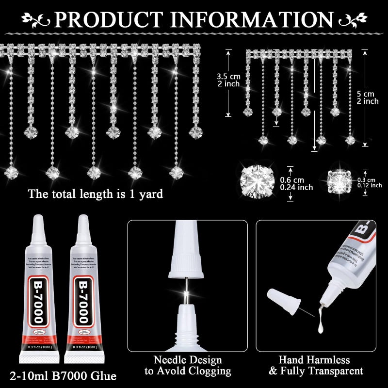 Tetutor Rhinestone Trim Fringe with B7000 Glue, 1 Yard Irregular Rhinestone Tassel, Sparkle Diamond Fringe Ribbon Tassel Chain for DIY Clothing Wedding Decoration - Image 2