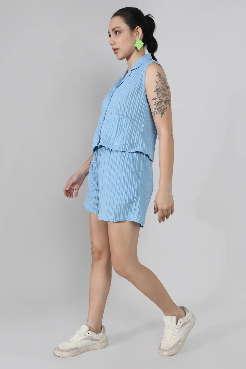 Campus Sutra Women's Powder Blue Self-Design Striped Co-Ord Set