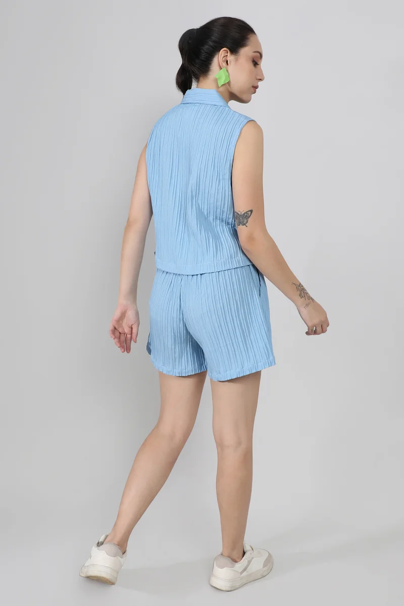 Campus Sutra Women's Powder Blue Self-Design Striped Co-Ord Set