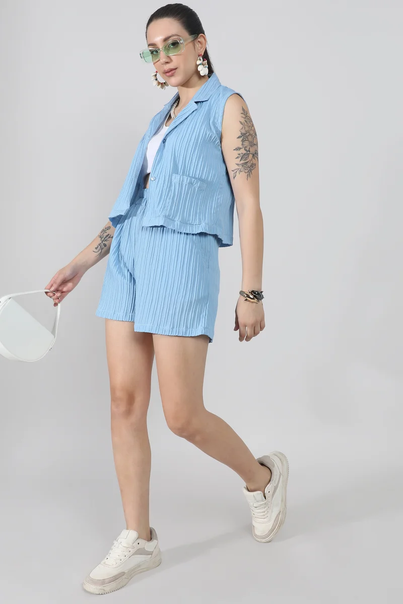 Campus Sutra Women's Powder Blue Self-Design Striped Co-Ord Set