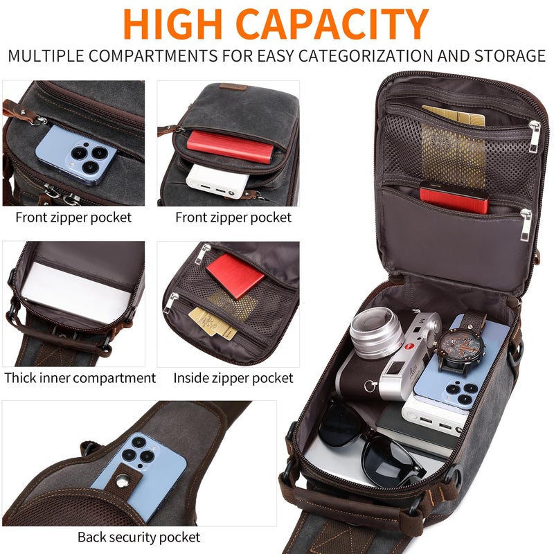 NerIion Nerlion Sling Bag for Men Waxed Canvas Crossbody Bag Chest Bag Shoulder Bag Casual Daypack for Travel (Gray) - Image 4