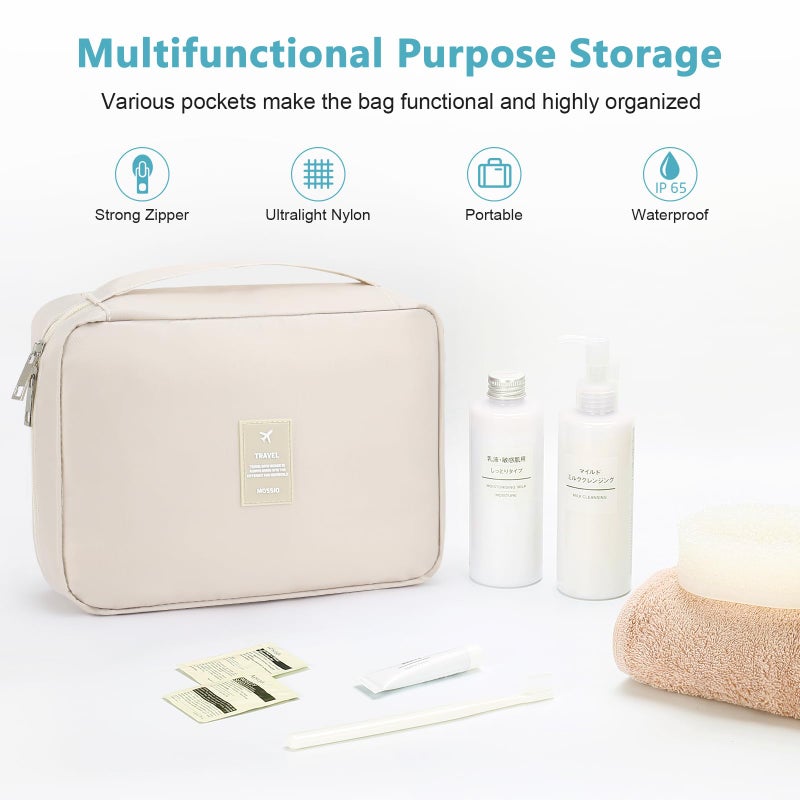 Mossio Hanging Toiletry Bag with Sturdy Hook - Large Portable Cosmetic Makeup Travel Organizer for Men & Women Beige - Image 3