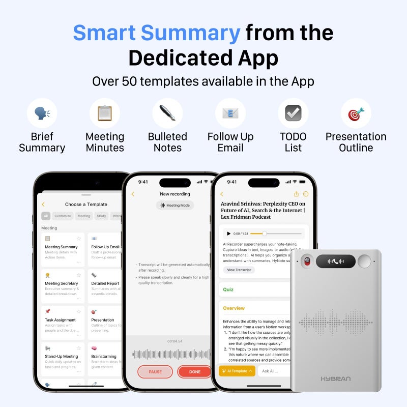HyBran AI Voice Recorder for Phone Calls, Meetings & Lectures | Smart AI Note-Taking Device with Dedicated App for Transcription, Summary & Notes | Magnetic Case, 32GB (Up to 2000 Hours) | PDF Summary - Image 4