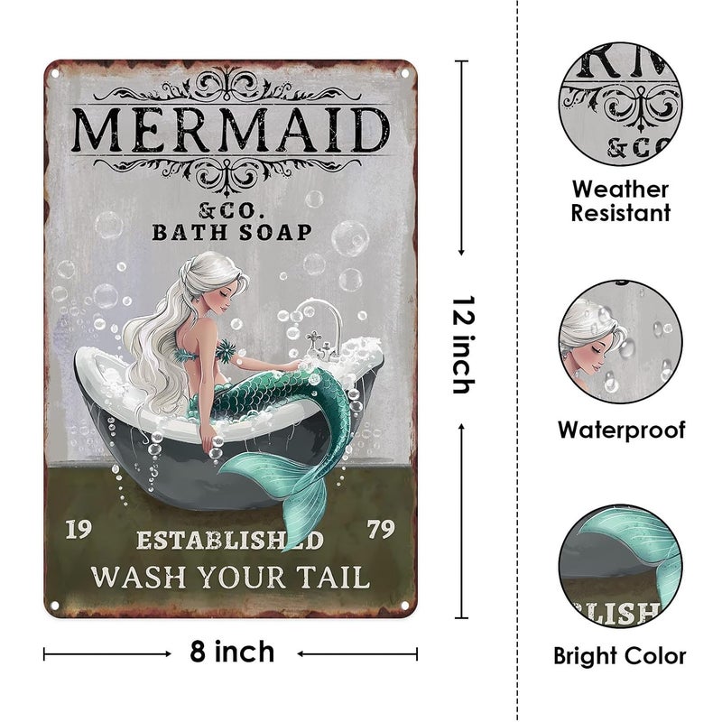 Sanwarm Metal Sign 8X12 Inch, Mermaid Vintage Tin Sign Wall Art Decor for Home, Living Room, Office, Hotel, Bathroom, Toilet Decoration - Image 2