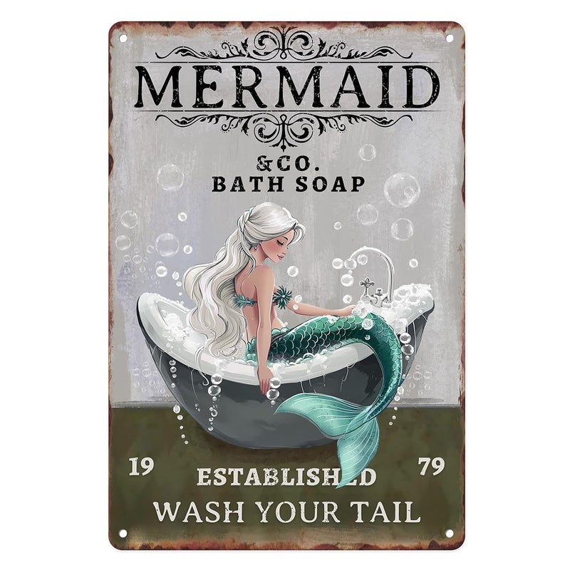Sanwarm Metal Sign 8X12 Inch, Mermaid Vintage Tin Sign Wall Art Decor for Home, Living Room, Office, Hotel, Bathroom, Toilet Decoration - Image 1