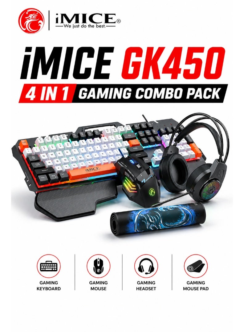 iMICE GK450 4 in 1 Gaming Combo Pack Keyboard Mouse Headset Mouse Pad RGB Wired Gaming Set for PC Laptop - Image 1
