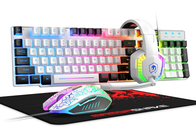 MANBASNAKE Wired Rainbow LED Backlit Keyboard and Mouse, Over Ear Headphone with Mic, Gaming Mice and Pad, for PC, Xbox and PS4 (White/Black) - Image 1