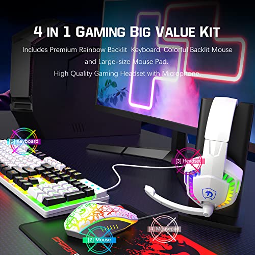MANBASNAKE Wired Rainbow LED Backlit Keyboard and Mouse, Over Ear Headphone with Mic, Gaming Mice and Pad, for PC, Xbox and PS4 (White/Black) - Image 3