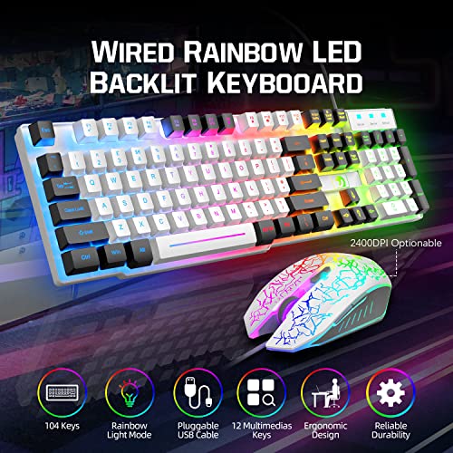 MANBASNAKE Wired Rainbow LED Backlit Keyboard and Mouse, Over Ear Headphone with Mic, Gaming Mice and Pad, for PC, Xbox and PS4 (White/Black) - Image 2